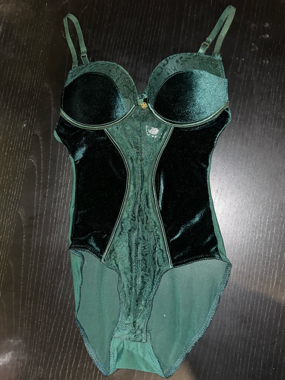 Dark Green Velvet & Lace Push Up Bodysuit - Women Intimates